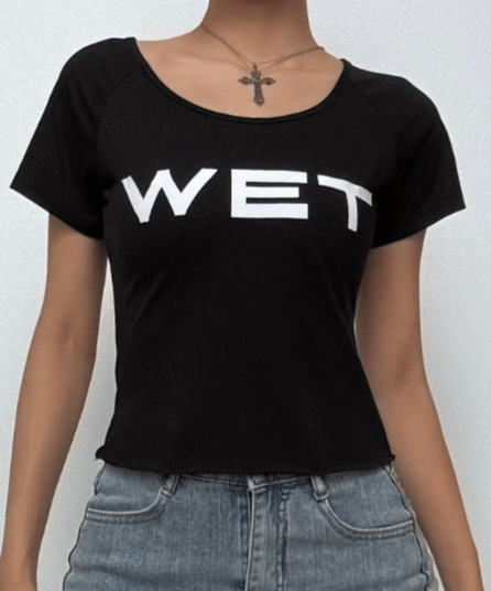 "WET" Statement Crop Top | Y2K Scoop Neck Raglan Tee for Fall & Halloween