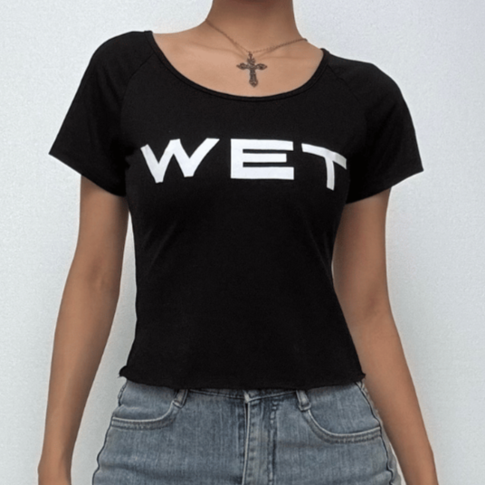 "WET" Statement Crop Top | Y2K Scoop Neck Raglan Tee for Fall & Halloween