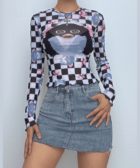Y2K Sheer Checkerboard Graphic Top - Spooky Season Crittercore Long Sleeve