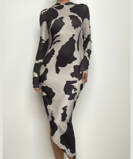 Fall Trend Alert: Cow Print Mock Neck Long Sleeve Bodycon Midi Dress with Asymmetrical Hem