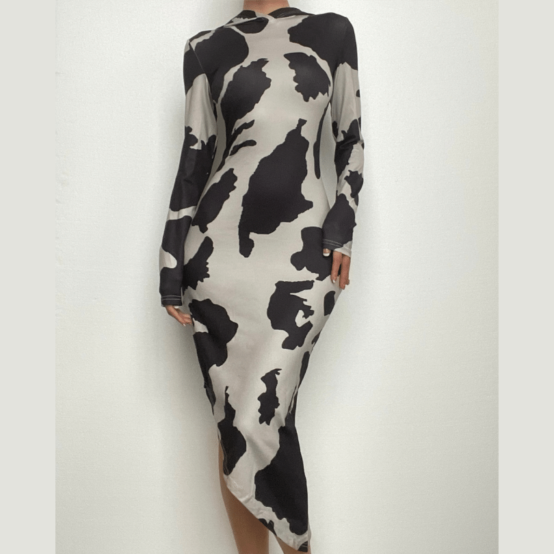 Fall Trend Alert: Cow Print Mock Neck Long Sleeve Bodycon Midi Dress with Asymmetrical Hem