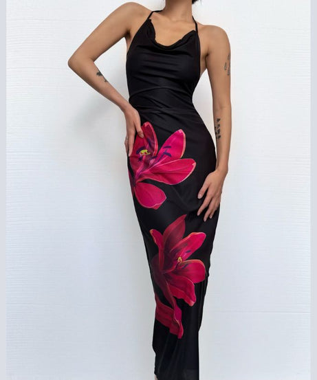 Autumn Bloom Halter Maxi Dress | Draped Cowl Neck & Backless for Elegant Fall Events & Resort Getaways