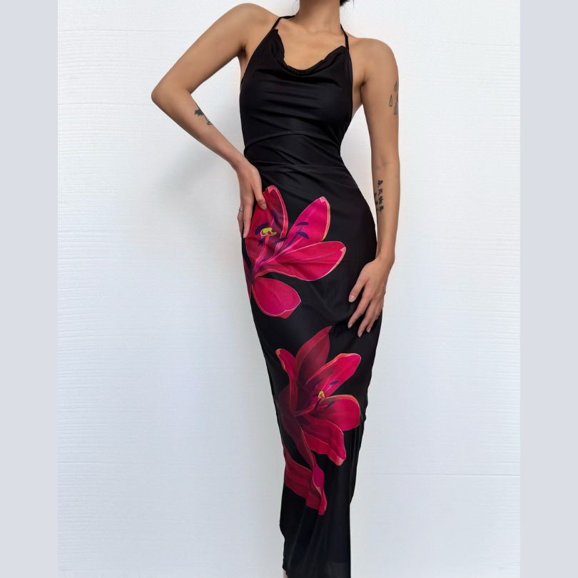Autumn Bloom Halter Maxi Dress | Draped Cowl Neck & Backless for Elegant Fall Events & Resort Getaways