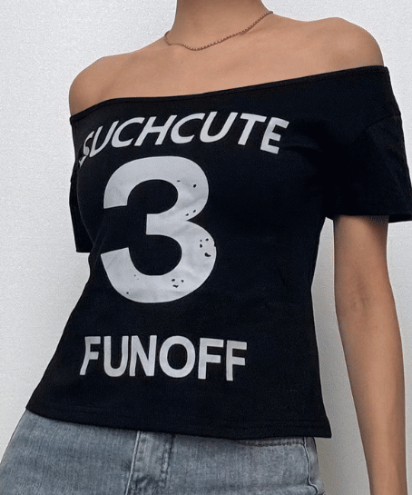 Such Cute 3 Fun Off Off-Shoulder Graphic Top - Trendy Black Fall Tee for Women
