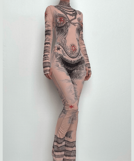 Illusion Tattoo Print Mesh Jumpsuit - Second Skin Fall & Halloween Statement Piece