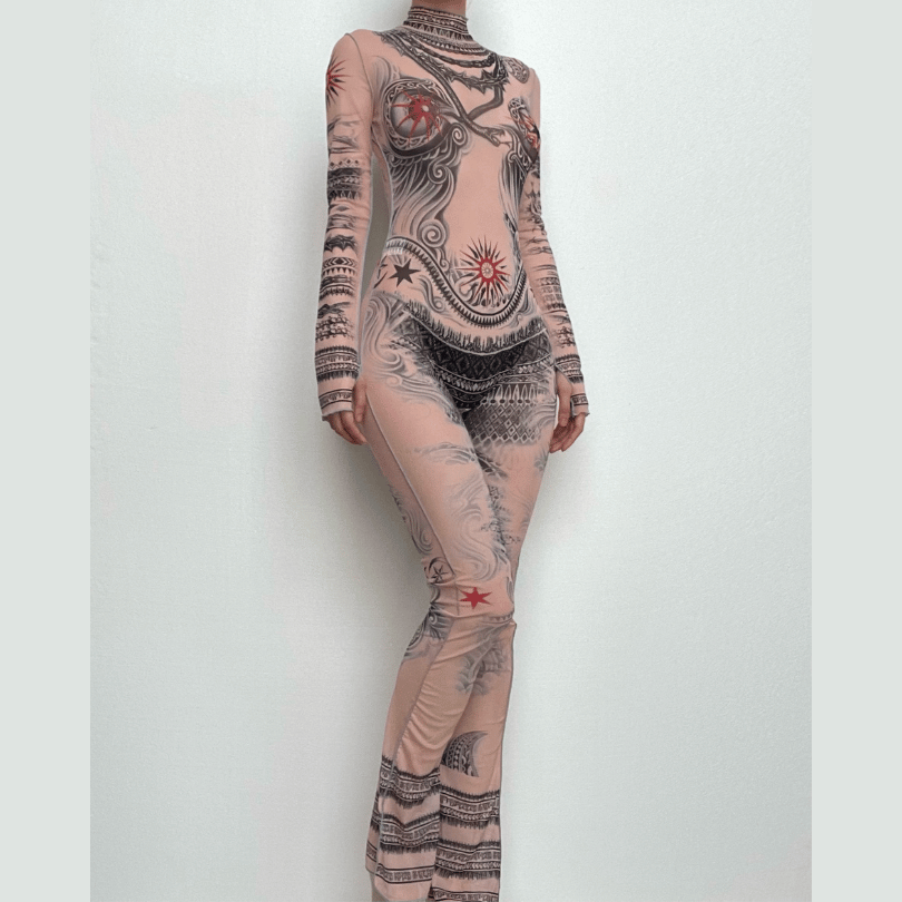 Illusion Tattoo Print Mesh Jumpsuit - Second Skin Fall & Halloween Statement Piece