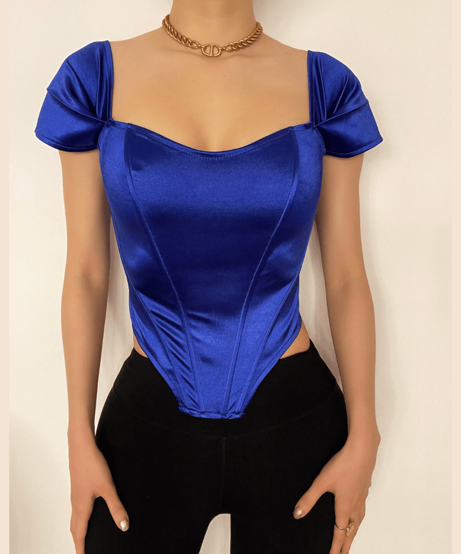 Radiant Royal Blue Satin Off-Shoulder Corset Top - Your Chic Fall & Holiday Statement