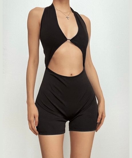 Sassy & Chic Black Halter Cutout Romper – Your Essential for Fall Nights Out & Warm-Weather Escapes