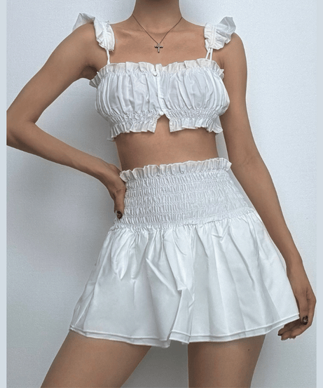 Effortless White Ruffle Smocked Two-Piece Set - Chic Crop Top & Mini Skirt for Fall Transition & Vacay