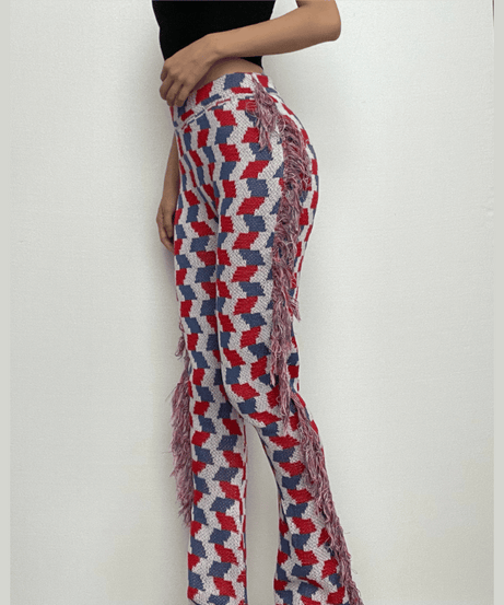 Vibrant Geo-Knit Fringe Flare Pants – Your Ultimate Fall Statement