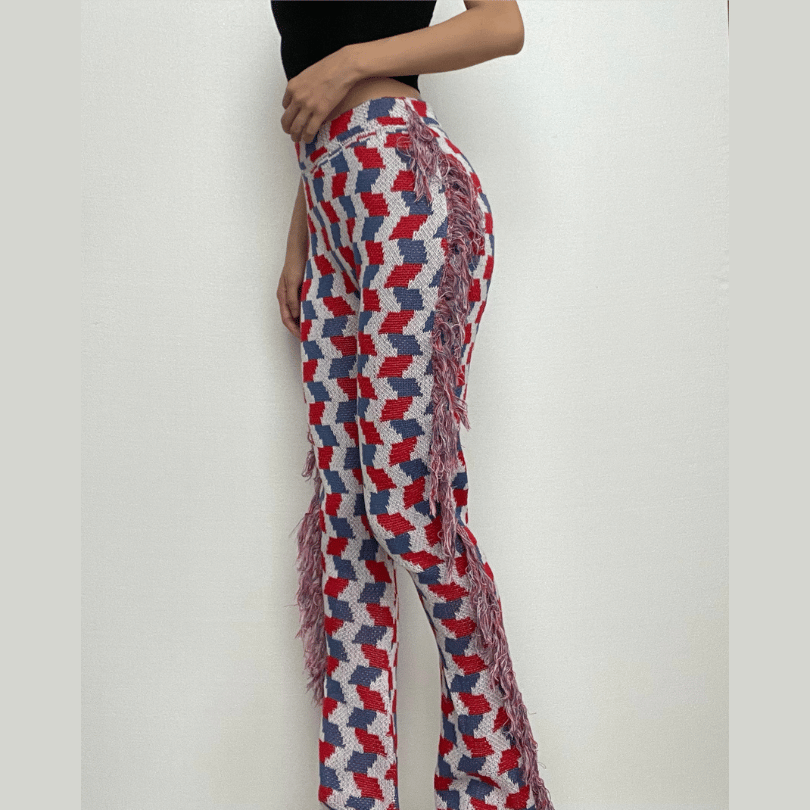 Vibrant Geo-Knit Fringe Flare Pants – Your Ultimate Fall Statement