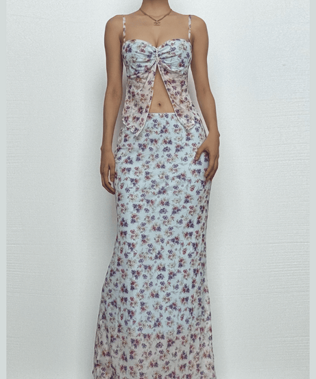 Ethereal Floral Maxi Skirt & Sweetheart Cami Set | Chic Two-Piece for Fall Getaways