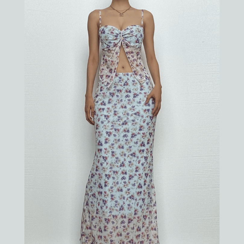 Ethereal Floral Maxi Skirt & Sweetheart Cami Set | Chic Two-Piece for Fall Getaways
