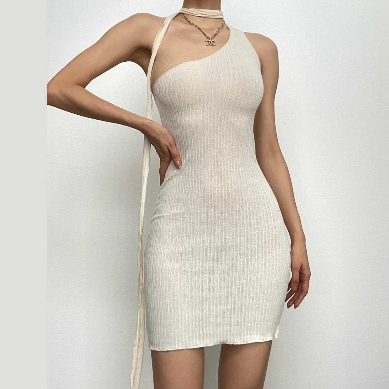 Chic Asymmetrical Ribbed Mini Dress - One-Shoulder Halter for Fall Parties & Holiday Nights