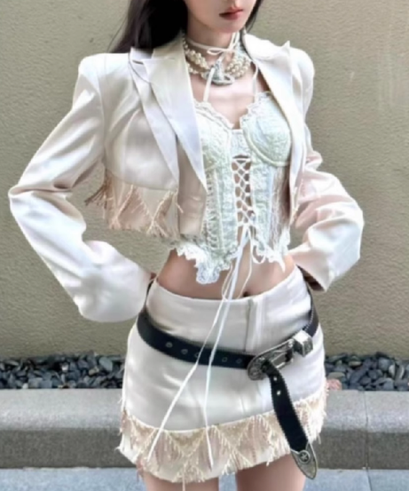 Chic Fall Nights: Luxe Satin Fringe 3-Piece Skirt Set | Cropped Blazer, Bustier & Mini Skirt