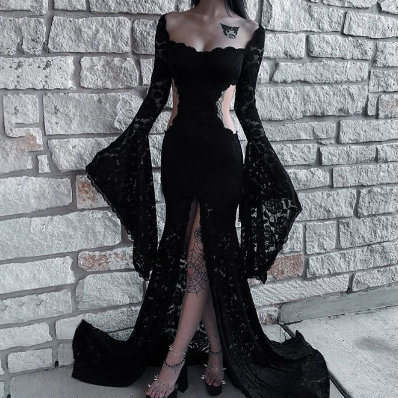 The Raven's Veil: Gothic Lace Off-Shoulder Maxi Gown with Dramatic Bell Sleeves & Seductive Thigh Slit – Halloween & Fall Ready