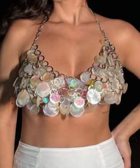 Radiant Iridescent Shell Halter Top – Your Shimmering Statement for Fall Getaways & Holiday Escapes