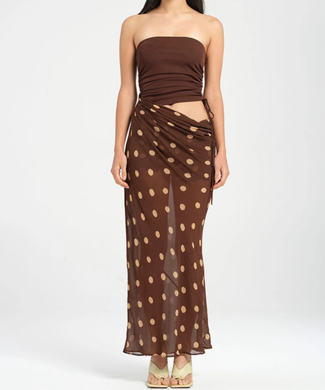 Polka Dot Chic: Ruched Tube Top & Sheer Cut-Out Maxi Dress for Your Fall Getaway