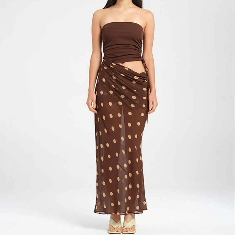 Polka Dot Chic: Ruched Tube Top & Sheer Cut-Out Maxi Dress for Your Fall Getaway