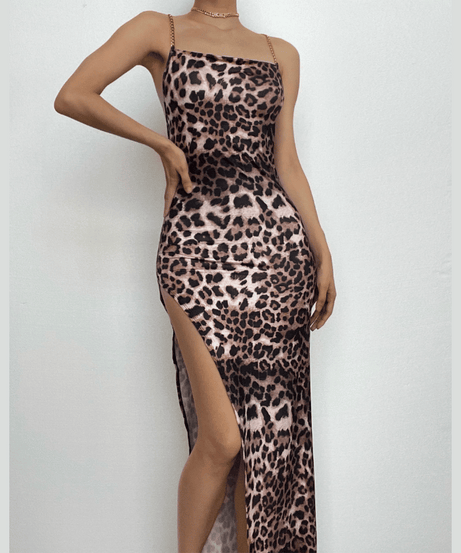 Unleash Your Inner Wild: Daring Leopard Print Cowl Neck Maxi Dress with Gold Chain Straps & High Slit - Fall & Holiday Glam