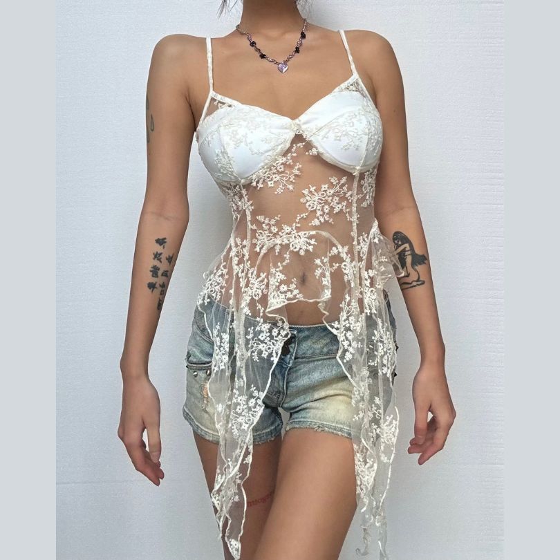 Whimsical Floral Lace Babydoll Cami Top - Ethereal Fall Style & Halloween Party Ready