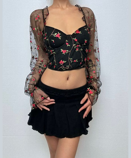 Enchanted Rose Black Floral Mesh Overlay Top & Bustier Crop - Fall Date Night & Halloween Ready