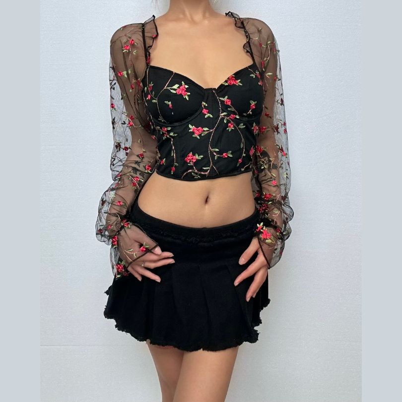 Enchanted Rose Black Floral Mesh Overlay Top & Bustier Crop - Fall Date Night & Halloween Ready