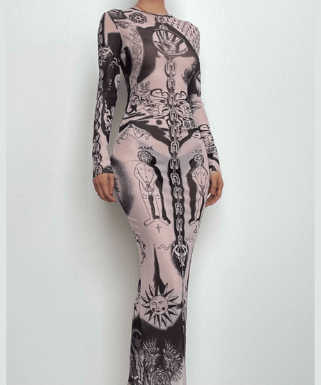 Unleash Your Edge: Mystical Art Print Sheer Mesh Maxi Dress - Fall & Halloween Ready