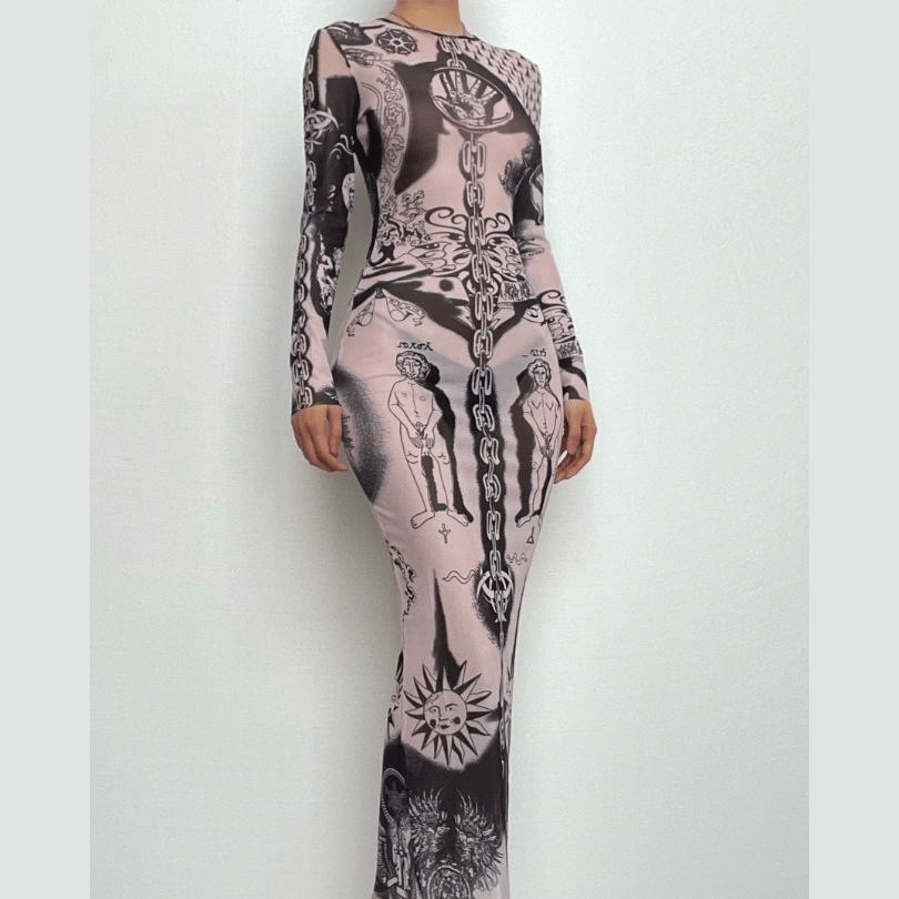 Unleash Your Edge: Mystical Art Print Sheer Mesh Maxi Dress - Fall & Halloween Ready