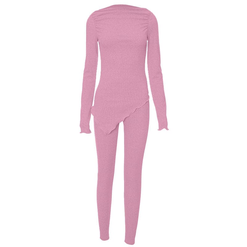 Cozy Chic Asymmetrical Ribbed Knit Loungewear Set - Women's Fall Essential