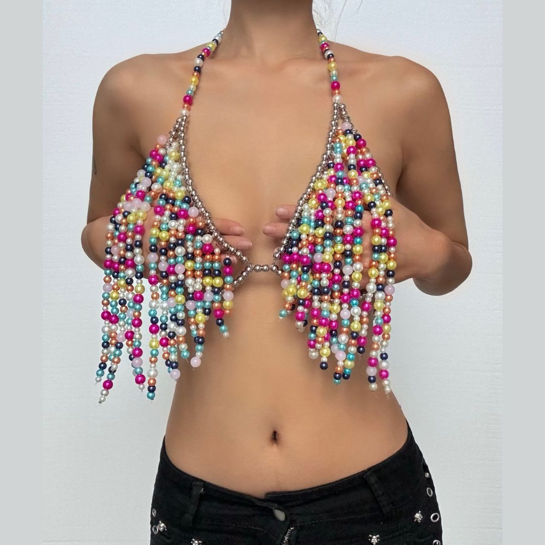Dripping Rainbow Pearl Halter Top - Halloween & Holiday Party Glam Crop