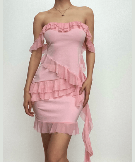 Flirty Pink Ruffle Off-Shoulder Mini Dress - Y2K Glam for Fall Parties & Getaways