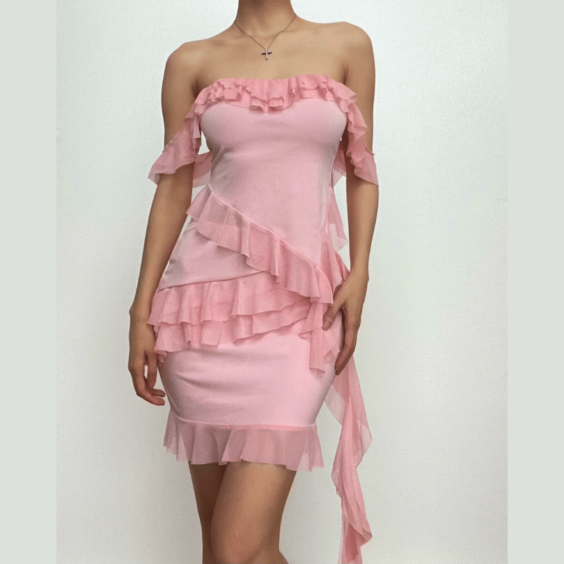 Flirty Pink Ruffle Off-Shoulder Mini Dress - Y2K Glam for Fall Parties & Getaways