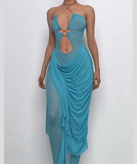 Ocean Mist Chain Halter Cutout Maxi Dress - Your Glamorous Statement for Holiday Parties & Tropical Getaways
