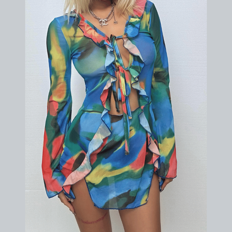 Fall Fiesta: Vibrant Mesh Ruffle Cut-Out Mini Skirt Set - Party & Vacation Ready