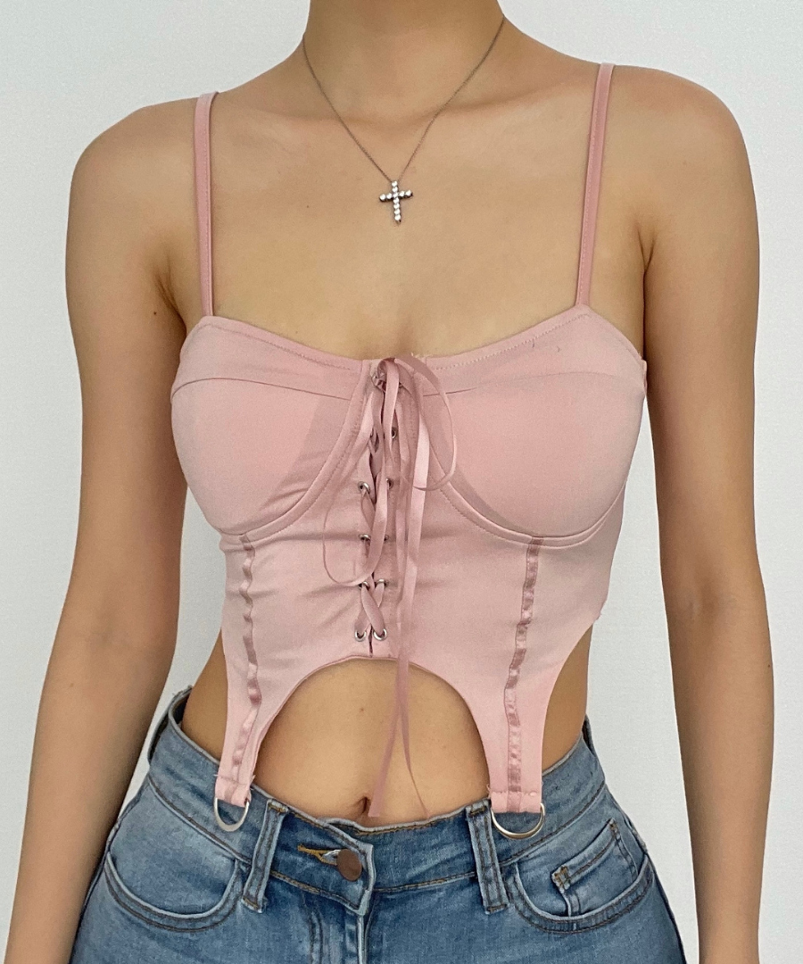 Trendy Blush Pink Lace-Up Corset Crop Top - Y2K Cut-Out Style for Fall Nights & Beyond