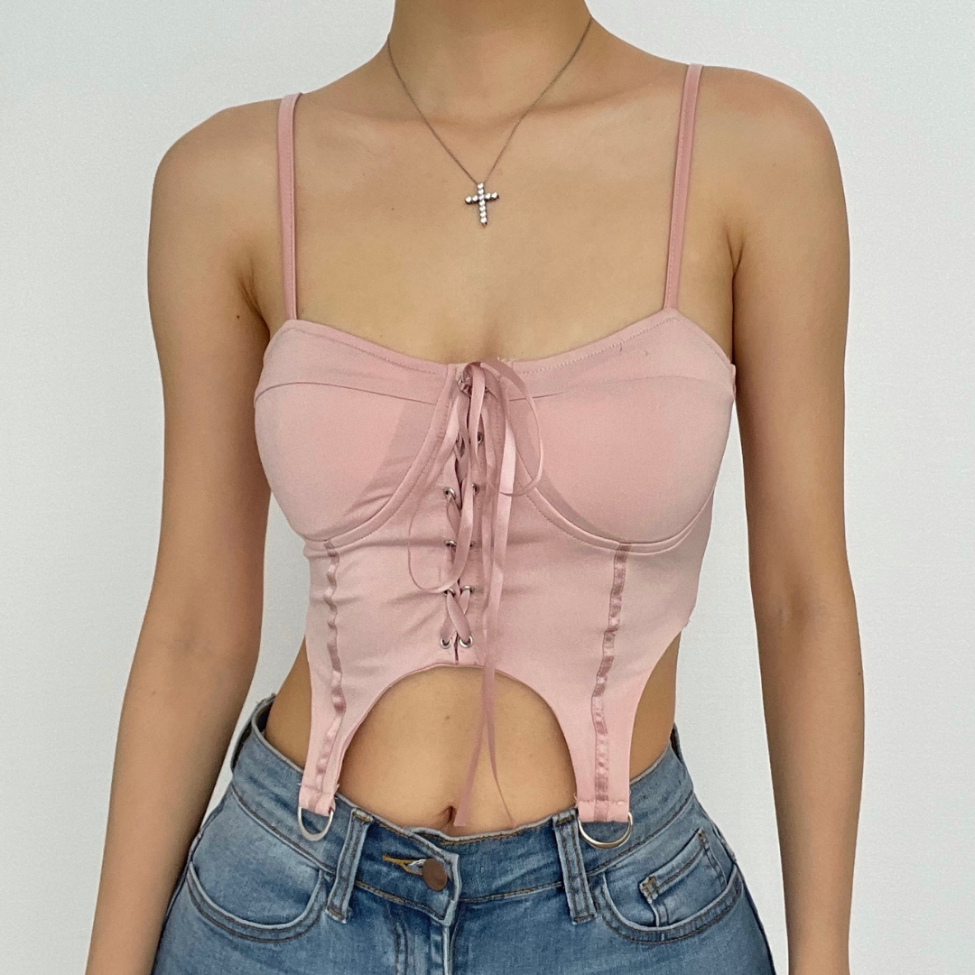Trendy Blush Pink Lace-Up Corset Crop Top - Y2K Cut-Out Style for Fall Nights & Beyond