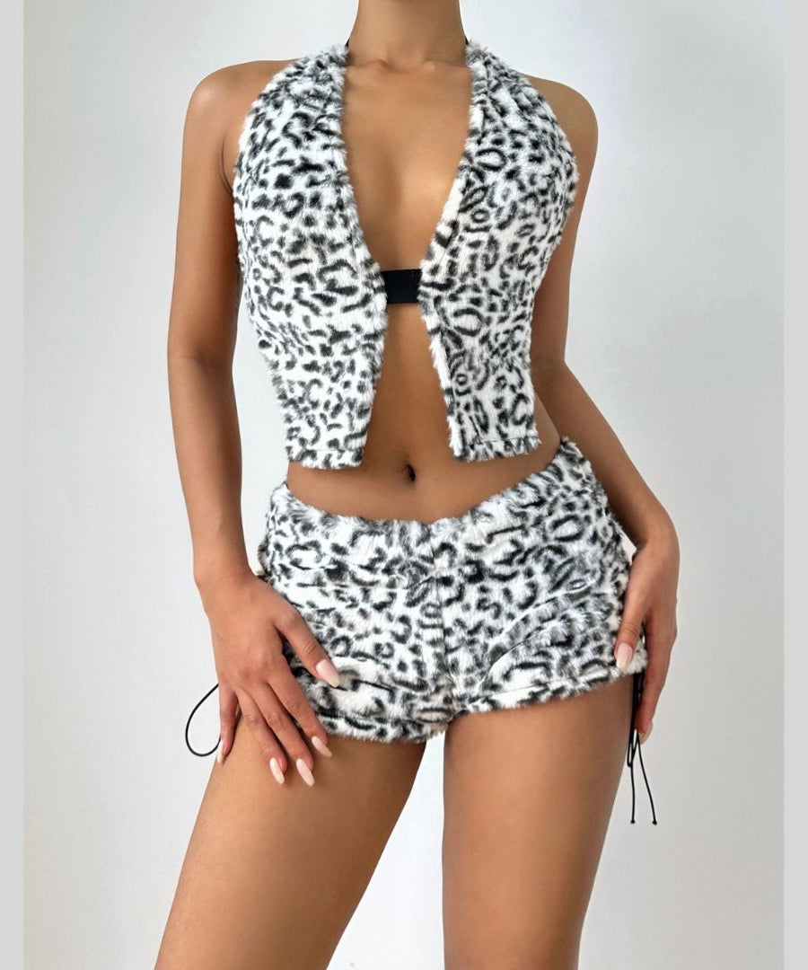 Fierce & Fluffy Leopard Print Halter Crop Top & Drawstring Shorts Set - Your Wild Side Awaits This Fall!