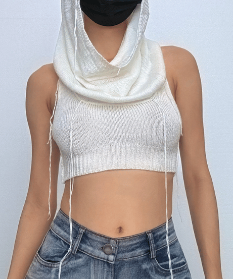 Edgy Knit Sleeveless Hooded Crop Top for Fall – Chic Streetwear Essential
