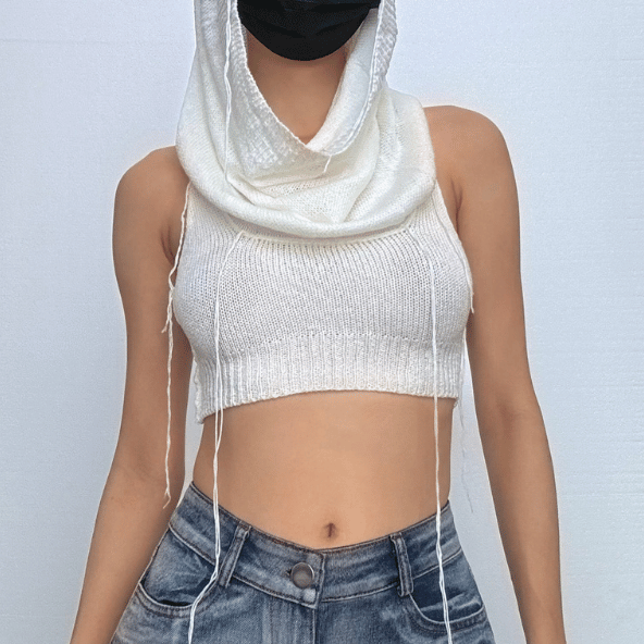 Edgy Knit Sleeveless Hooded Crop Top for Fall – Chic Streetwear Essential