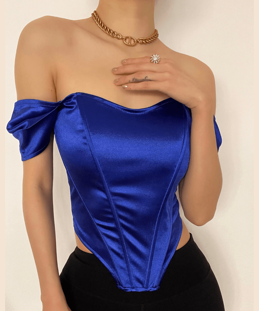 Radiant Royal Blue Satin Off-Shoulder Corset Top - Your Chic Fall & Holiday Statement