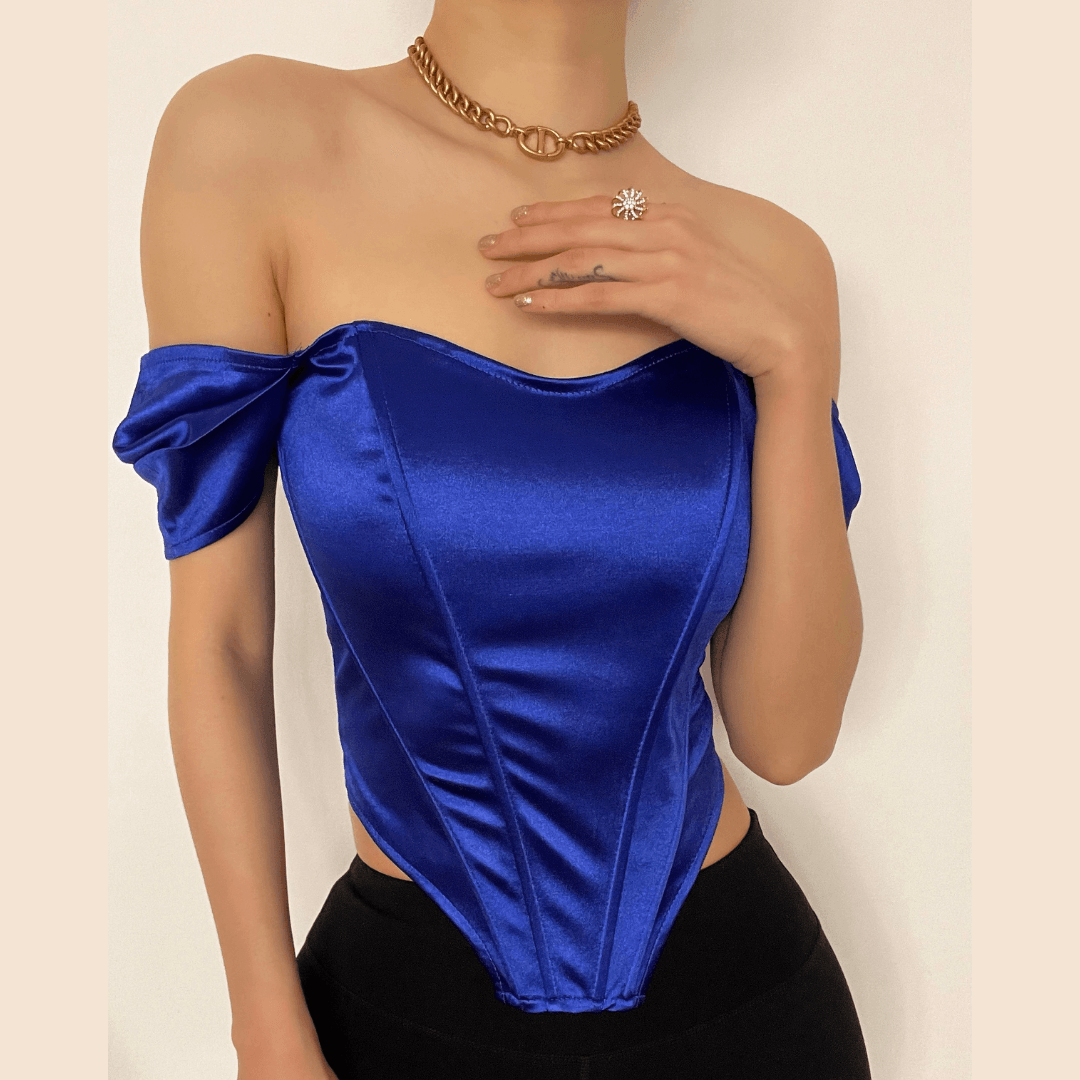 Radiant Royal Blue Satin Off-Shoulder Corset Top - Your Chic Fall & Holiday Statement