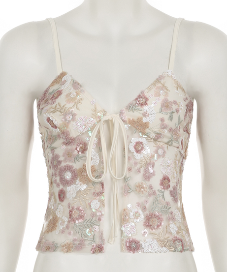 Romantic Floral Sequin Tie-Front Cami Top | Holiday-Ready V-Neck Sparkle