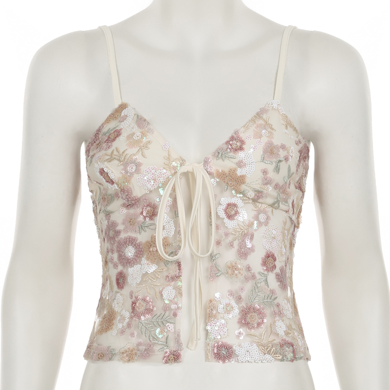 Romantic Floral Sequin Tie-Front Cami Top | Holiday-Ready V-Neck Sparkle