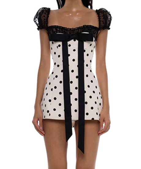 Coquette Chic Polka Dot Mini Dress: Bow Accent, Puff Sleeves & Ruffle Trim – Fall Party Perfect