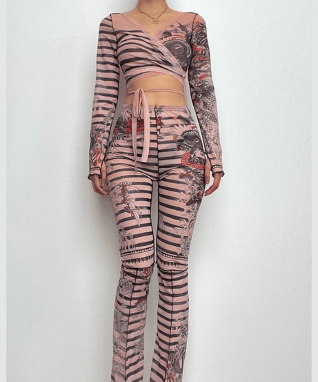 Unleash Your Inner Dragon: Y2K Tattoo Mesh Wrap Top & Flare Pants Set - Fall & Halloween Statement
