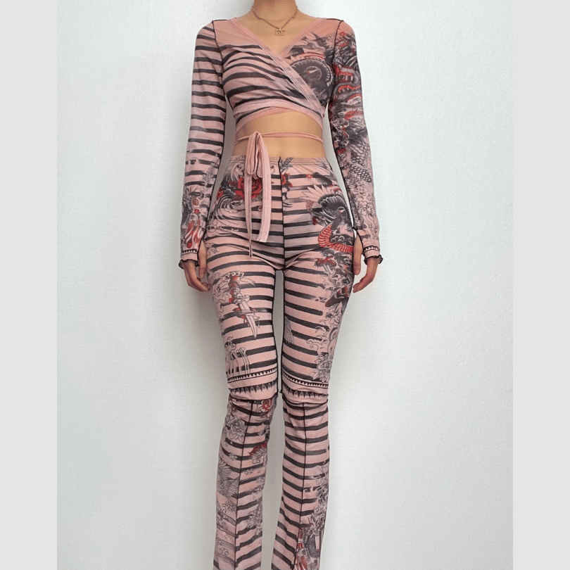 Unleash Your Inner Dragon: Y2K Tattoo Mesh Wrap Top & Flare Pants Set - Fall & Halloween Statement