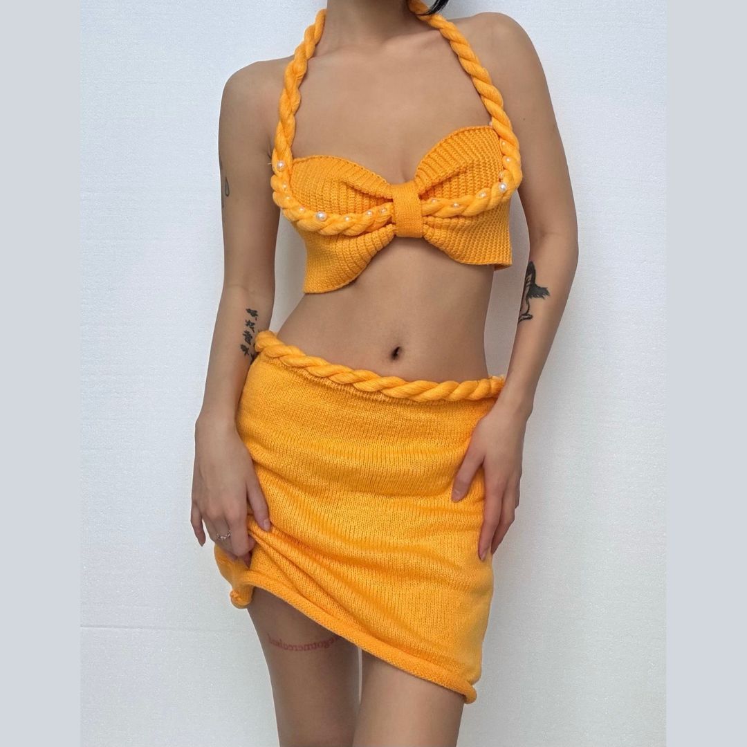 Radiant Bow Halter Knit Crop Top & Mini Skirt Set - Pearl Accented Vacation Style