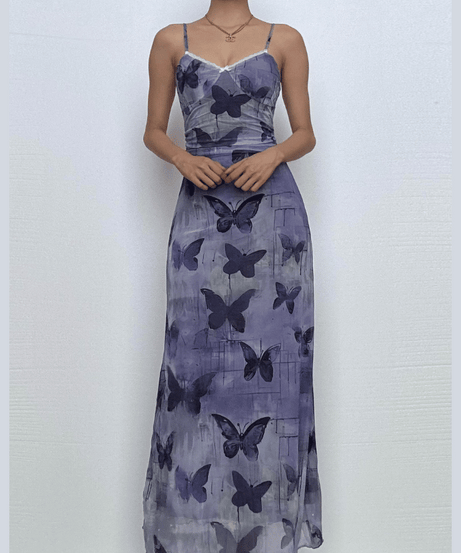 Dreamy Periwinkle Butterfly Mesh Maxi Dress with Lace Trim - Effortless Fall Style