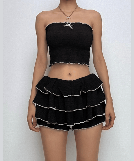 Coquette Chic Black Ruffle Mini Set - Bowknot Tube Top & Tiered Shorts for Fall Parties